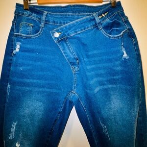 Asymmetrical Waist Distressed Stretch Jeans | XL | Fits 14–16 | High Rise Skinny